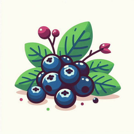 Blueberries with green leaves on white background. Vector illustration in cartoon style.のイラスト素材