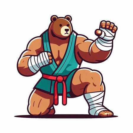 Tough bear in kimono and bandages. Vector illustration.のイラスト素材