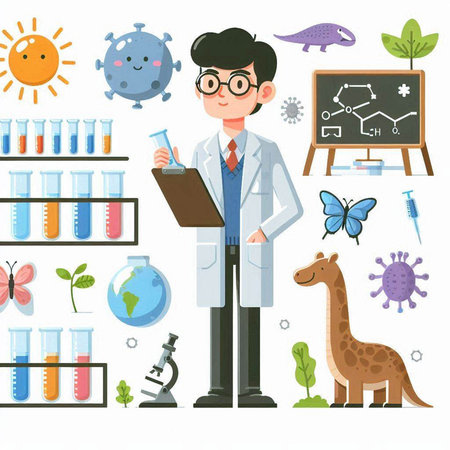 Scientist and laboratory elements. Vector illustration in flat cartoon style.のイラスト素材
