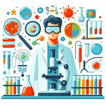 Scientist with microscope and test tubes flat vector illustration. Research and development concept.のイラスト素材