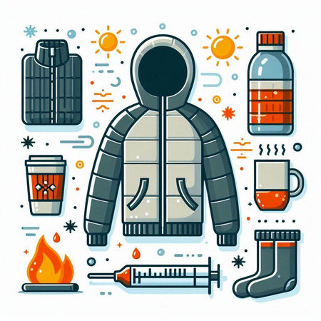 Winter sport. Vector illustration of a man in a coat with a hood, a thermometer, a cup of coffee and a thermometer.のイラスト素材