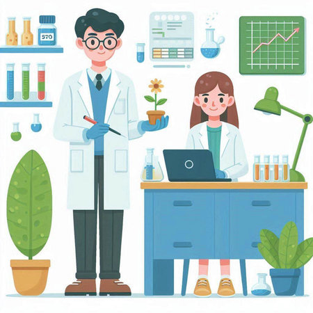 Scientist man and woman working in laboratory. Flat design vector illustration.のイラスト素材