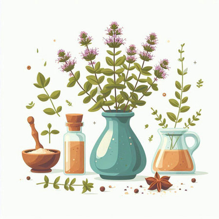 Herbs and spices. Vector illustration of herbs in vases.のイラスト素材