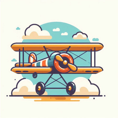 Airplane in the sky with clouds. Vector illustration in flat styleのイラスト素材