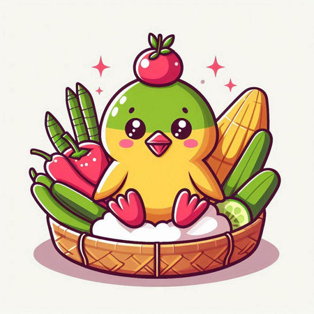 Cute Easter chick in a basket of vegetables. Vector illustration.のイラスト素材