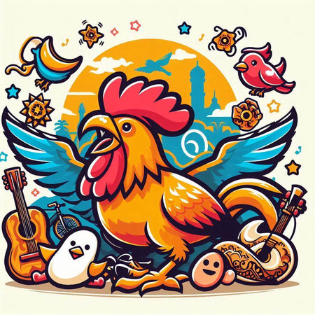Vector illustration of a rooster and musical instruments in cartoon style.のイラスト素材