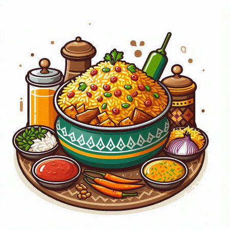Illustration of a bowl of delicious pilaf with rice and vegetablesのイラスト素材