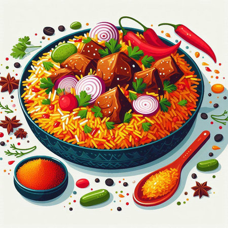 Vector illustration of pilaf with meat, rice, vegetables and spicesのイラスト素材