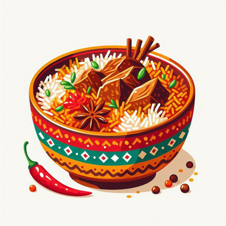 Illustration of a bowl of rice with meat, vegetables and spices.のイラスト素材