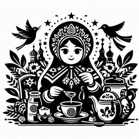 Vector illustration of the Russian matryoshka with cup of teaのイラスト素材