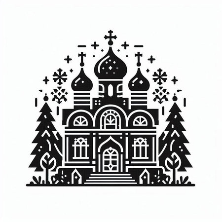 Orthodox church in the forest. Monochrome vector illustration.のイラスト素材