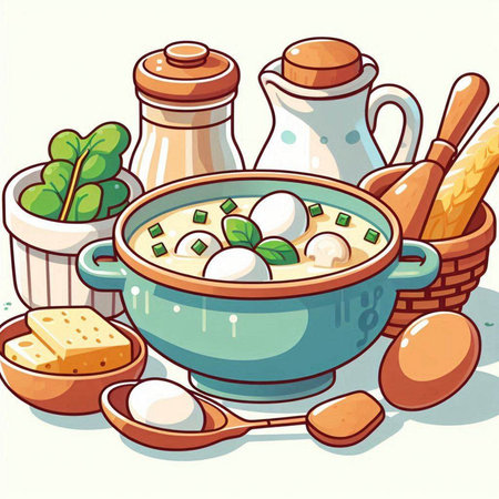Illustration of a bowl of soup with mozzarella and vegetablesのイラスト素材