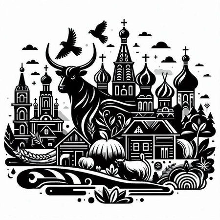 Halloween vector illustration with pumpkins, cemetery, church and bullのイラスト素材