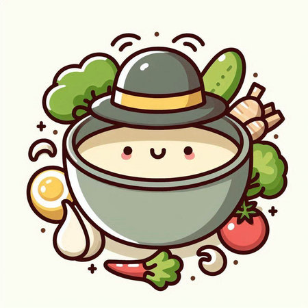 Cute vector illustration of a bowl of soup with vegetables and hatのイラスト素材