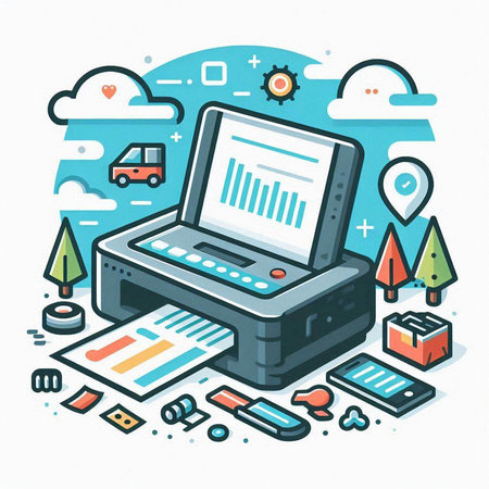 Vector isometric illustration of printer, mobile phone, car, city and cloud computingのイラスト素材