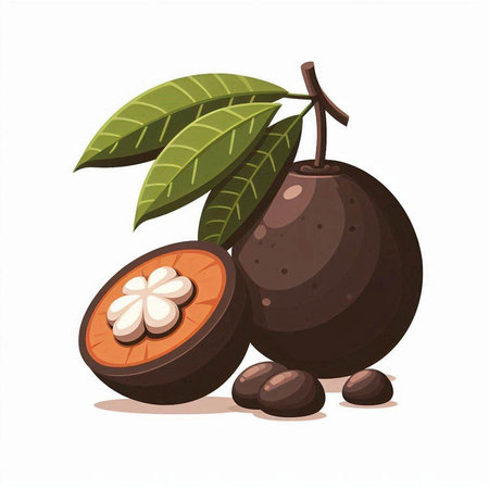 Fresh mangosteen with leaves isolated on white background. Vector illustration.のイラスト素材