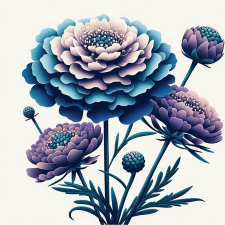 Illustration of blue flowers in retro style on a white background.のイラスト素材
