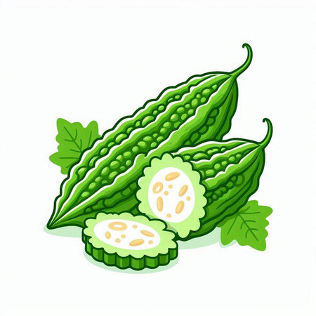 Bitter melon isolated on white background. Hand drawn vector illustration.のイラスト素材