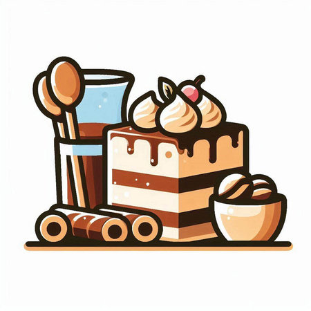 Coffee cup with cake and ice cream. Vector illustration.のイラスト素材