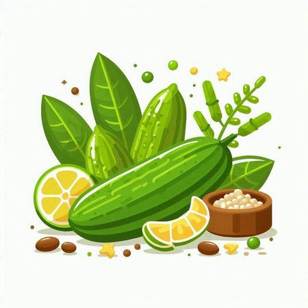 Cucumber vector illustration. Cucumber, lemon, spices and herbs.のイラスト素材