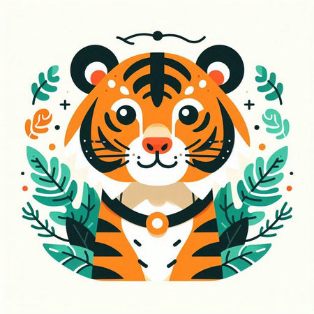Cute tiger with floral elements. Vector illustration in flat style.のイラスト素材