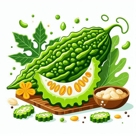 Bitter melon with leaves and seeds isolated on white background.のイラスト素材