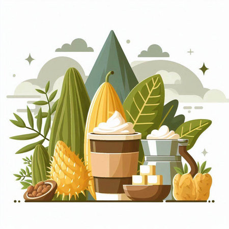 Cocoa ingredients, vector illustration in flat style. Cacao products.のイラスト素材