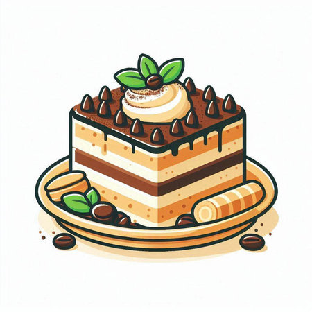 Illustration of a piece of cake on a plate with coffee beansのイラスト素材