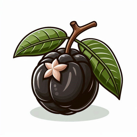 Illustration of a fresh black plum with leaves on a white backgroundのイラスト素材
