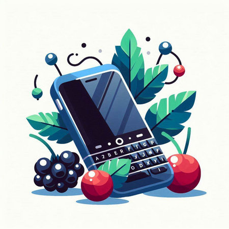 Mobile phone vector illustration. Mobile phone with a blank screen and berries.のイラスト素材