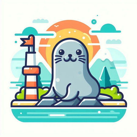 Cute seal in the sea. Vector illustration in flat style.のイラスト素材