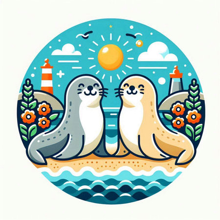 Cute seals on the background of the sea. Vector illustration.のイラスト素材
