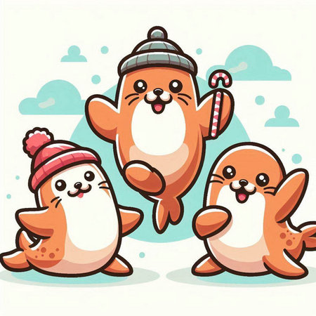Illustration of Cute Animals in Winter Clothing Holding a Lollipopのイラスト素材