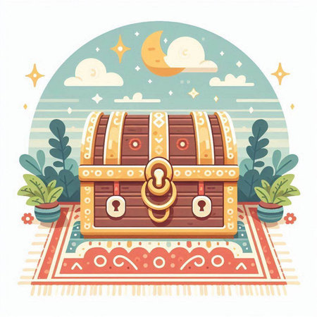 Vector illustration of a treasure chest with a casket on the carpetのイラスト素材