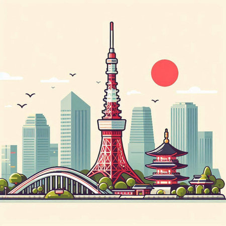 Tokyo skyline with Tokyo Tower, Japan. Vector illustration in retro style.のイラスト素材