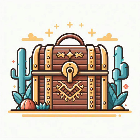Treasure chest and cactus. Vector illustration in flat style.のイラスト素材