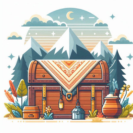 Wooden chest in the mountains. Vector illustration in flat style.のイラスト素材