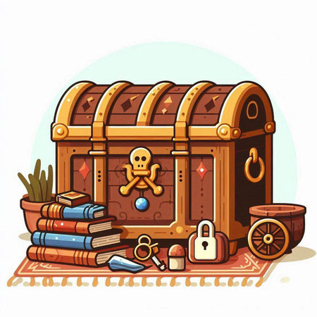 Treasure chest, books, map and other items. Vector illustration.のイラスト素材