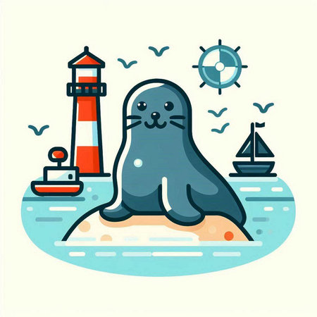 Cute cartoon seal on the beach. Vector illustration in flat styleのイラスト素材