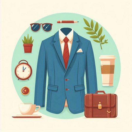 Vector illustration of a stylish man's suit and accessories on a light background.のイラスト素材