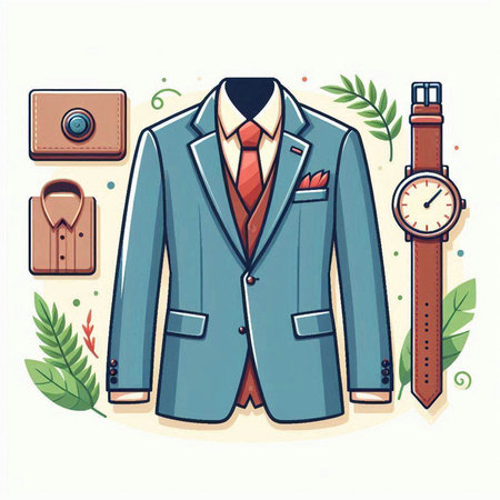 Vector illustration of a man's suit with a watch and accessories.のイラスト素材
