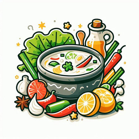Vegetable soup with lemons and herbs, vector illustration.のイラスト素材