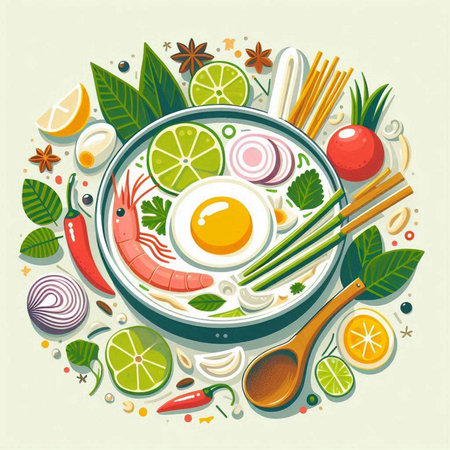 Vector illustration of traditional asian food with shrimps, eggs, vegetables, herbs and spices.のイラスト素材