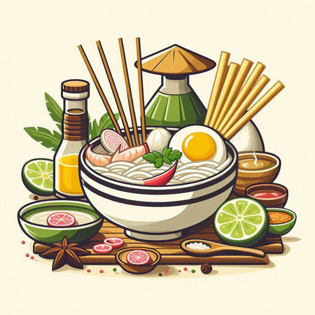 Illustration of Asian noodle soup in bowl with chopsticks and ingredients.のイラスト素材