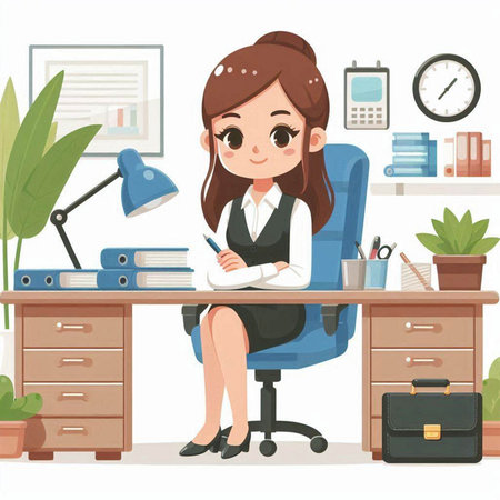 Businesswoman sitting at the desk in office. Cartoon vector illustration.のイラスト素材