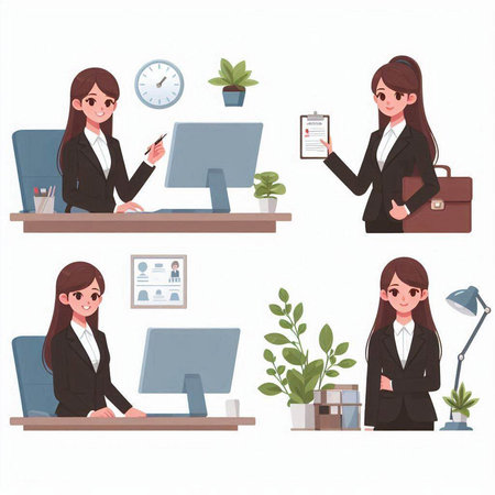 Set of business woman working at office. Vector illustration in cartoon style.のイラスト素材