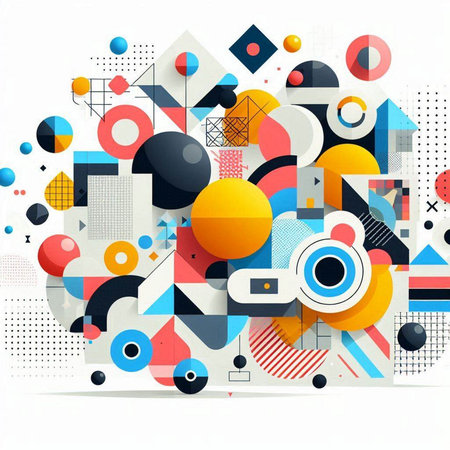 Abstract colorful geometric composition with circles, squares and rectangles. Vector illustration.のイラスト素材