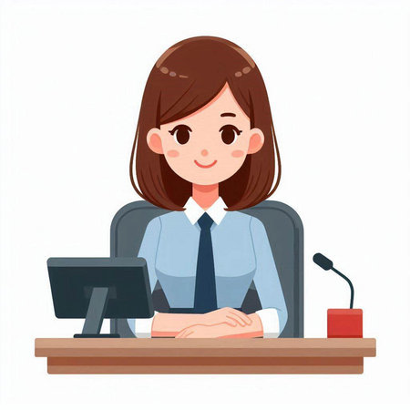 Businesswoman sitting at desk in office and talking on microphone. Vector illustration.のイラスト素材
