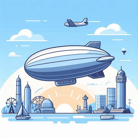 Airship in the sky. Air transport. Vector illustration in flat styleのイラスト素材