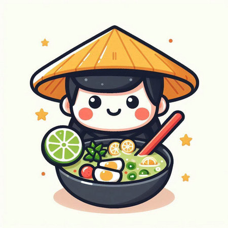 Illustration of a Cute Asian Kid Boy in a Rice Hat Eating Sushiのイラスト素材